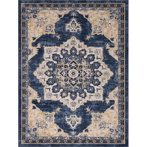 Bungalow Rose Edelsten Performance Navy Blue/Beige Rug & Reviews | Wayfair